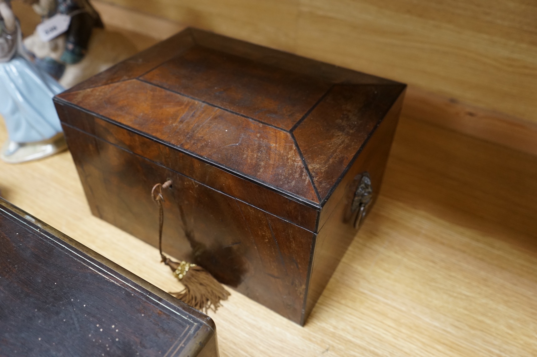 A Victorian brass mounted and inlaid rosewood sewing box together with a mahogany box